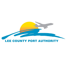 logo of lee county port authority showing a stylized blue wave, a yellow sun, and a grey airplane flying above.