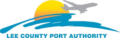 logo for lee county port authority featuring a stylized blue wave, a gray airplane silhouette, and an orange sun in the background, with text below.