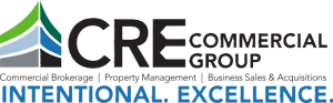 cre commercial group logo with a stylized building, listing services: commercial brokerage, property management, business sales & acquisitions. slogan: intentional. excellence.