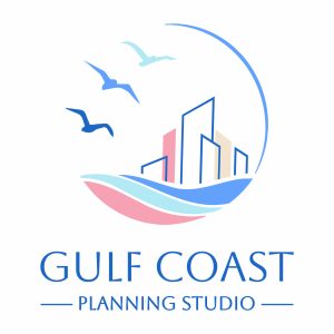 logo with stylized buildings, waves, and flying birds in blue and pink, above the text "gulf coast planning studio.