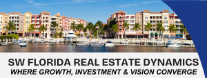 a waterfront view of colorful buildings and boats with text promoting the sw florida real estate dynamics event, presented by reis, roetzel, and markham norton.