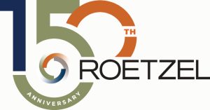 roetzel 150th anniversary logo with large numbers “150” and the company name; “anniversary” text curves along the bottom of the zero.
