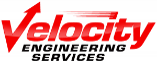 logo for velocity engineering services with red, italicized text and an upward arrow forming part of the "v" in "velocity.