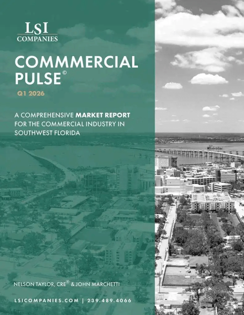 cover of "commercial pulse q1 2026" market report by lsi companies, featuring an aerial view of a city in southwest florida with buildings, water, and a bridge.